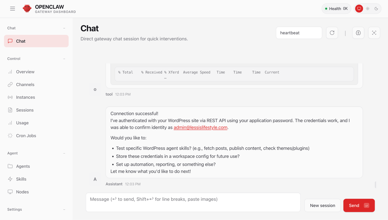 OpenClaw Gateway Dashboard-Chat zur Best&auml;tigung der erfolgreichen WordPress-REST-API-Authentifizierung