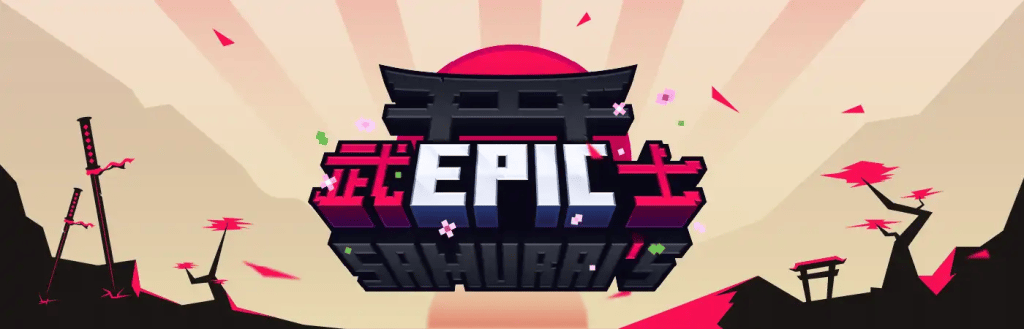 „Epic Samurai“-Text mit pinken japanischen Schriftzeichen neben dem Text, Bogen im Stil des feudalen Japan und stilisierte Sakura-Bäume im Hintergrund
