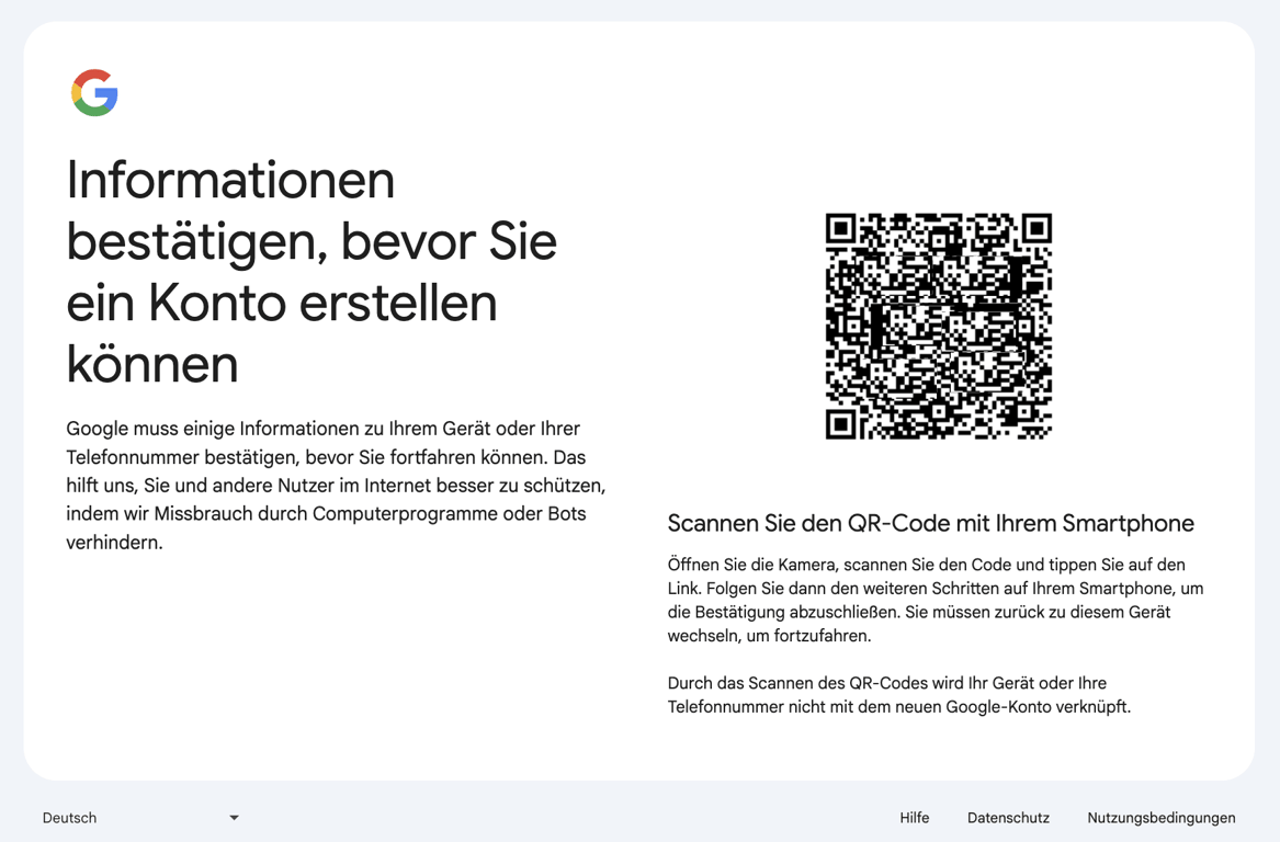 Google-Verifizierung mit QR-Code zur Best&auml;tigung eines neuen Kontos vor der Erstellung einer E-Mail-Adresse