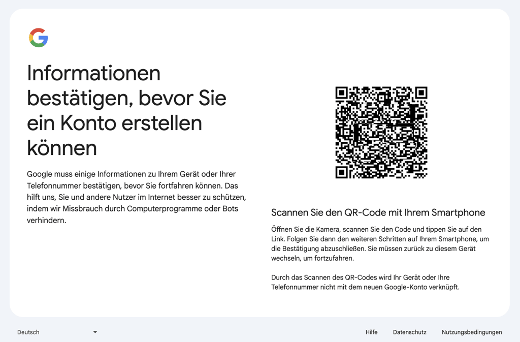 Google-Verifizierung mit QR-Code zur Bestätigung eines neuen Kontos vor der Erstellung einer E-Mail-Adresse