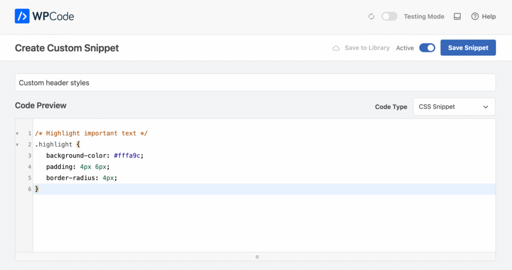 WPCode-Editor, der im Code-Vorschaubereich ein neues benutzerdefiniertes CSS-Snippet anzeigt