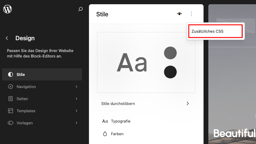 WordPress‑Site‑Editor mit angezeigtem Bereich &bdquo;Stile&ldquo; und hervorgehobenem Abschnitt &bdquo;Zus&auml;tzliches CSS&ldquo;