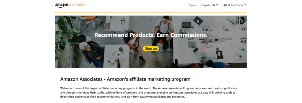 Landingpage des Amazon-Partnerprogramms