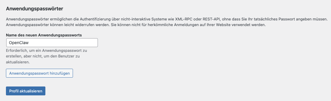 Bereich &bdquo;Anwendungspassworter&ldquo; im WordPress-Dashboard