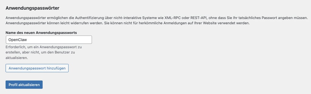 Bereich „Anwendungspassworter“ im WordPress-Dashboard