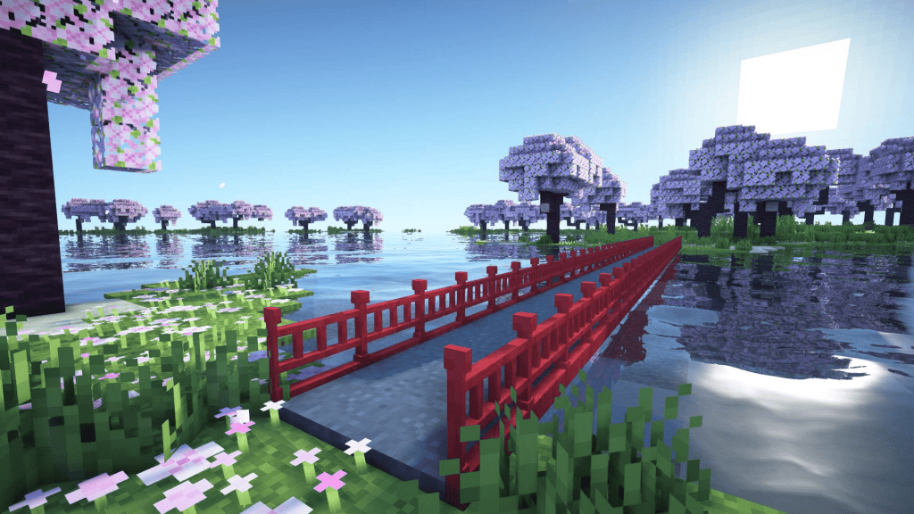 Minecraft-Bild mit Sakura-Bäumen, einem Gewässer und einer Brücke im Stil des feudalen Japan, die zwei Inseln verbindet