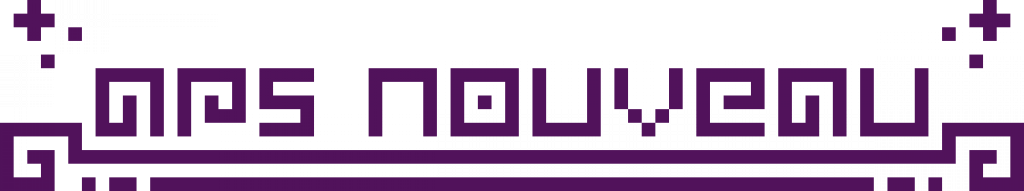 „Ars Nouveau“-Text in einer pixeligen Schrift mit pixelierten Sternen in den oberen Ecken und stilisierter Unterstreichung