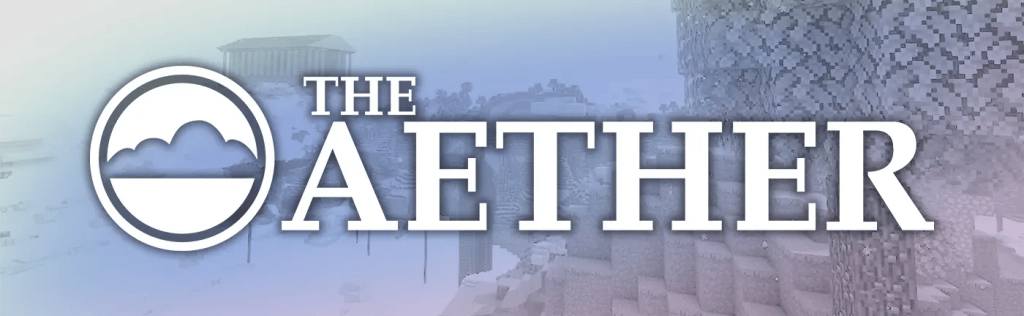 „The Aether“-Logo und -Text, mit einem Hintergrund, der ein himmlisches Minecraft-Biom zeigt