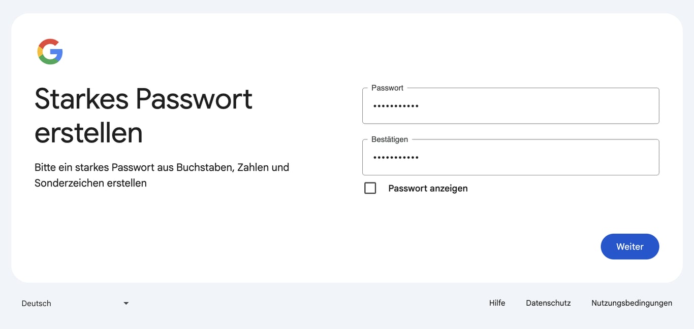 Seite zur Passworterstellung in Gmail