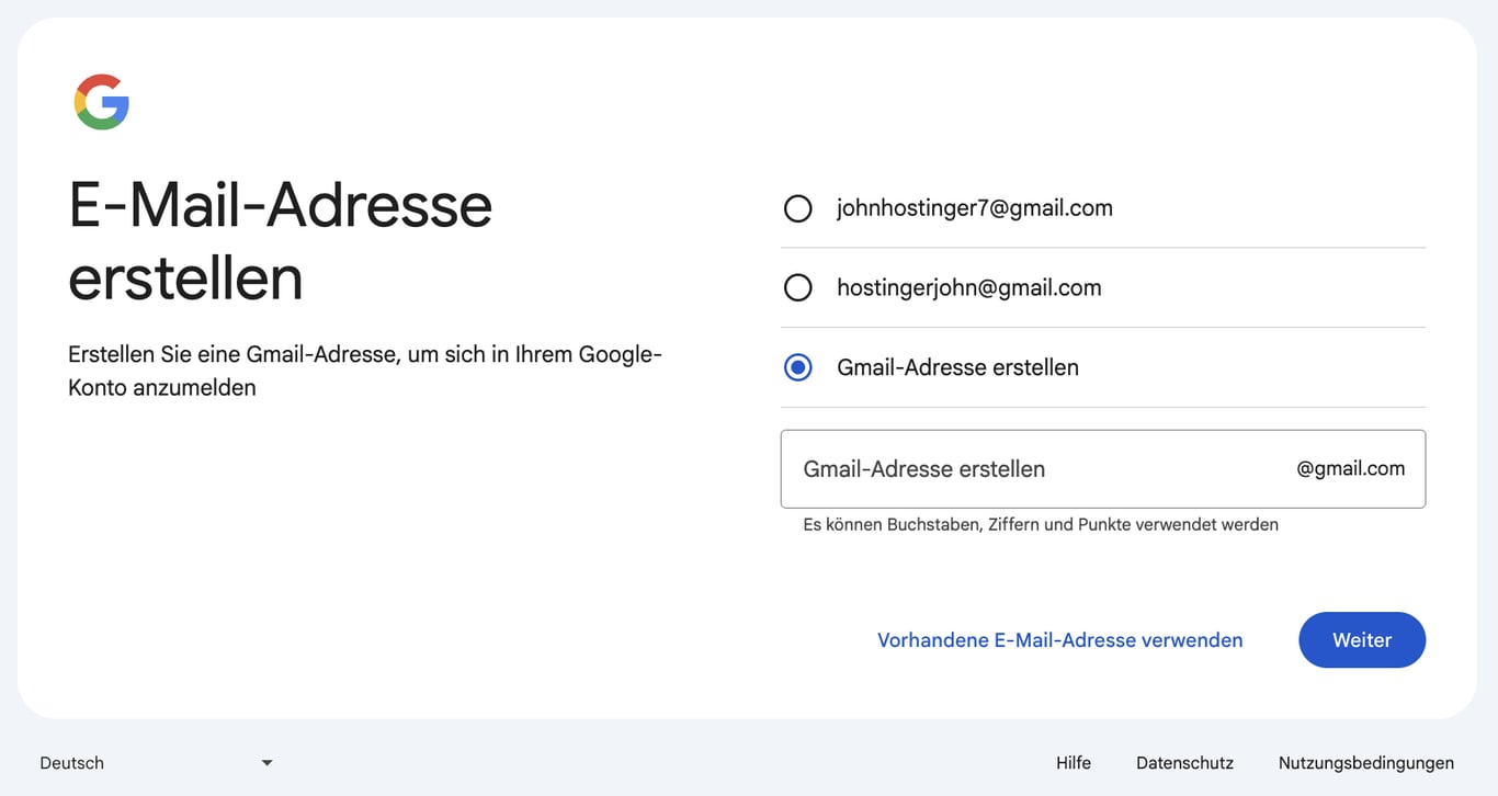 Seite zur Erstellung einer E-Mail-Adresse in Gmail