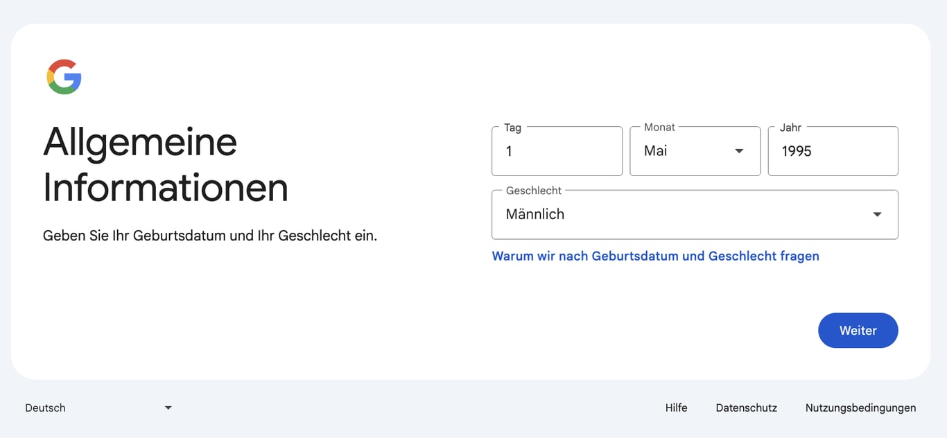 Informationsfeld f&uuml;r Geburtstag und Geschlecht auf der Seite zur Erstellung eines Gmail-Kontos