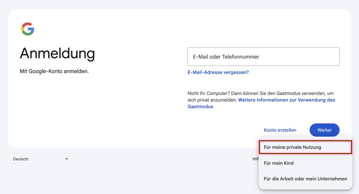 Option &bdquo;F&uuml;r meine privaten Nutzung&ldquo;, hervorgehoben auf Gmails neuer Kontoerstellungsseite