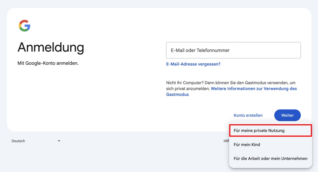 Option „Für meine privaten Nutzung“, hervorgehoben auf Gmails neuer Kontoerstellungsseite