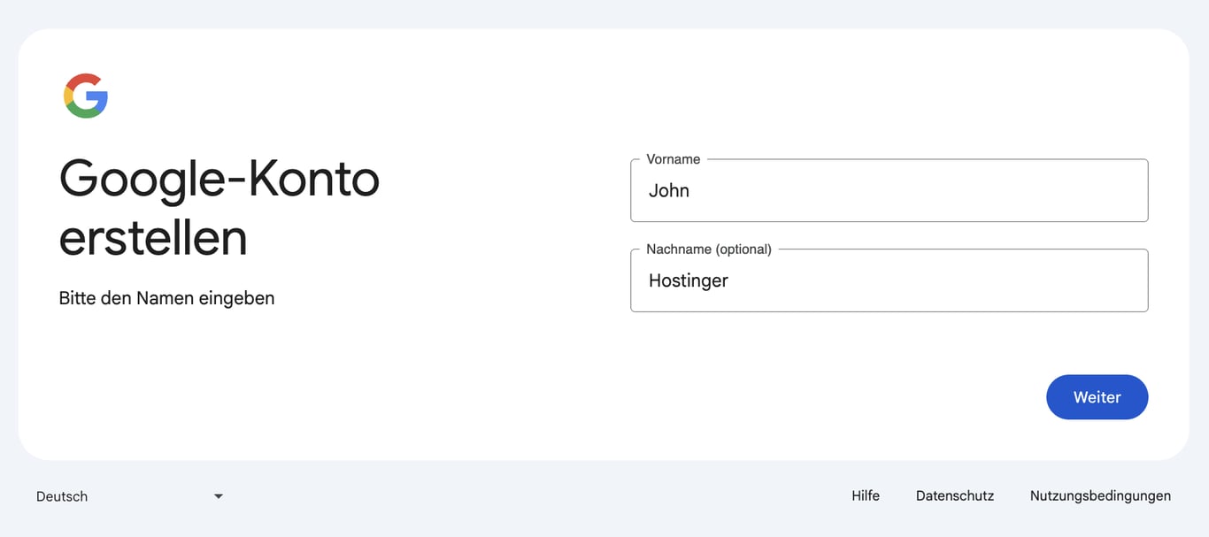 Feld f&uuml;r Vorname und Nachname beim Erstellen eines Gmail-Kontos