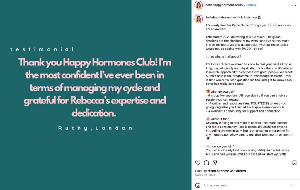 Rebecca Eldridges Instagram-Beitrag, der ihre Gruppensitzungen bewirbt
