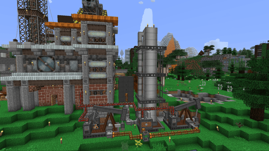 Minecraft-Screenshot, der scheinbar einen Industriekomplex oder ein Kraftwerk zeigt