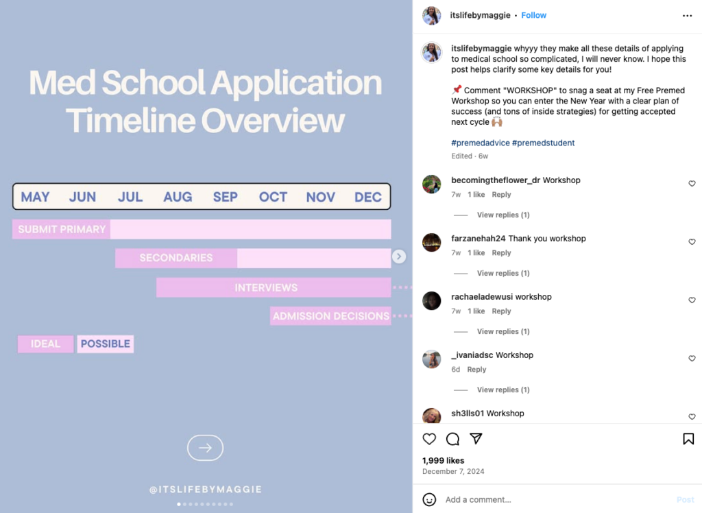 Instagram-Beitrag von Maggie Premed Mentor, der einen kostenlosen Workshop anbietet