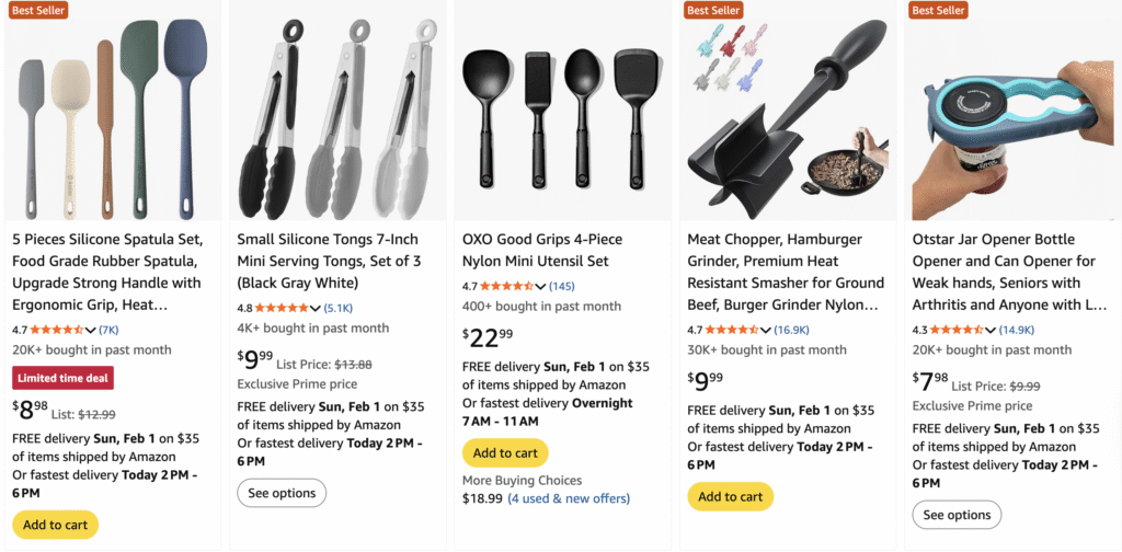 Amazon-Suchergebnisse mit beliebten K&uuml;chenutensilien