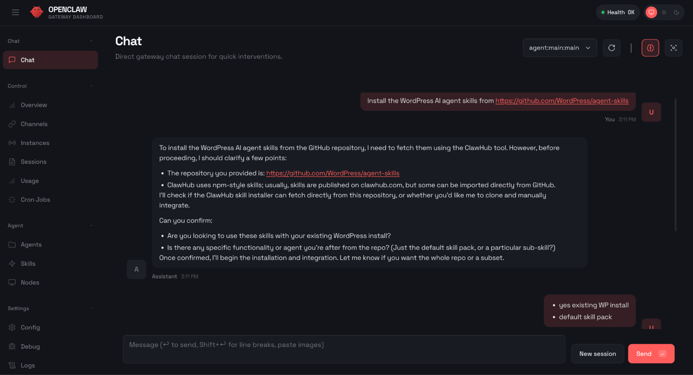 Ein Screenshot der OpenClaw-Chat-Seite, der die Ausf&uuml;hrung einer WordPress-KI-Agent-Installation zeigt.