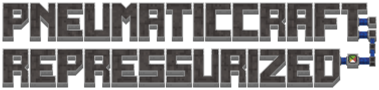 „‚Pneumatic craft repressurized‘-Logotext, gesetzt in einer Schriftart, die aussieht, als sei sie aus Rohren gefertigt, ein Rohr verbindet den oberen und den unteren Text, mit einem Manometer daran“