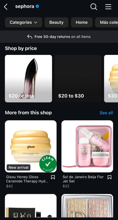 Instagram-Shopping-Seite von Sephora
