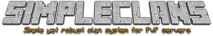 Text „Simple Clans“, gesetzt in einer pixelierten Schrift mit steinähnlicher Textur, und darunter der gelbe Text „Ein einfaches, aber robustes Clansystem für PvP-Server“.