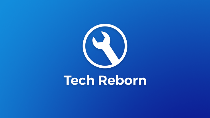 Blauer Hintergrund mit dem Text „Tech reborn“ und einem Logo eines Schraubenschlüssels in einem Kreis