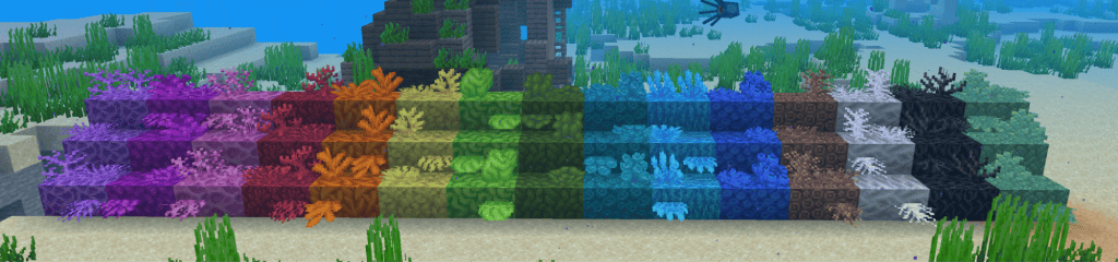 Unterwasserbild aus Minecraft, das verschiedene Stile farbenfroher Unterwasserblöcke zeigt, die in eine Treppenstruktur eingebaut sind.