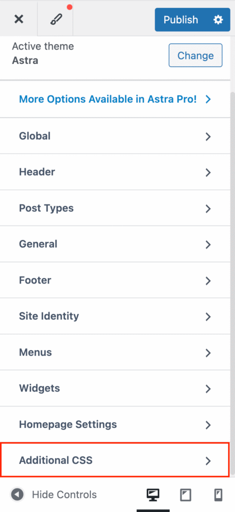 WordPress-Customizer mit in der Seitenleiste hervorgehobener Option „Zusätzliches CSS“