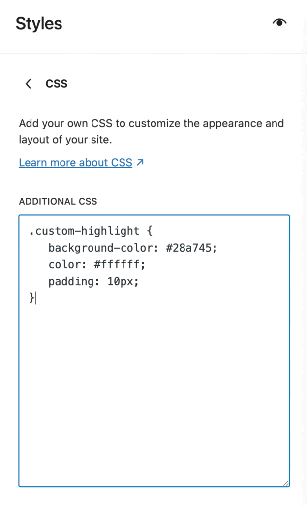 WordPress-Editor zeigt das Feld „Zusätzliches CSS“ mit eingegebenen benutzerdefinierten Stilen an.