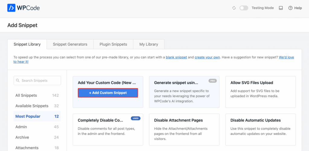 WPCode-Oberfläche mit im Dashboard hervorgehobener Option „Add Custom Snippet“