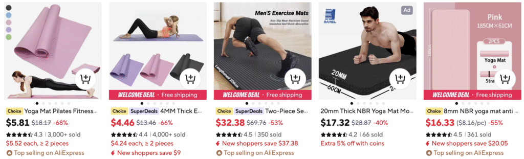 AliExpress-Suchergebnisse mit Produktangeboten f&uuml;r Yogamatten