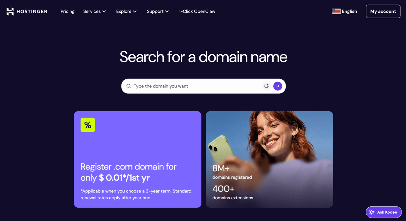 Hostinger-Seite zur Domainsuche mit .com-Angeboten und Statistiken