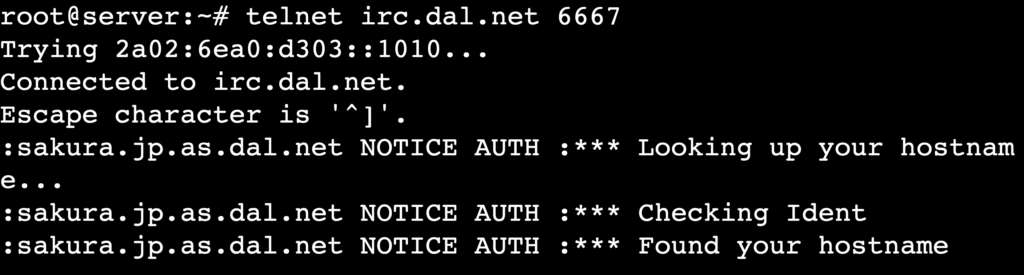 Die Ausgabe des Befehls telnet irc.domain.tld 6667 in der Telnet-Sitzung des Terminals