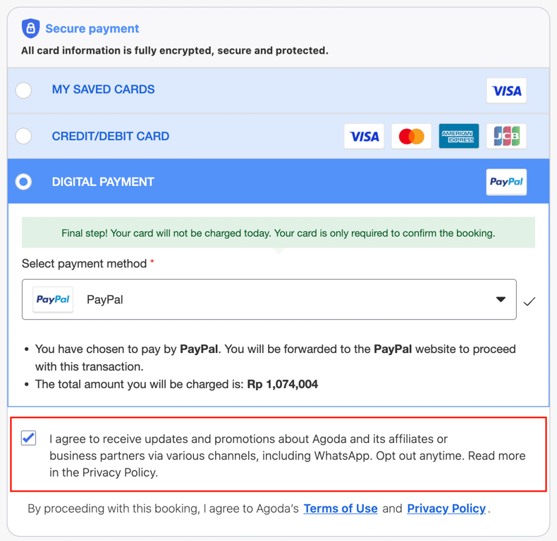 Opt-in-Kontrollkästchen auf Agodas Checkout-Seite