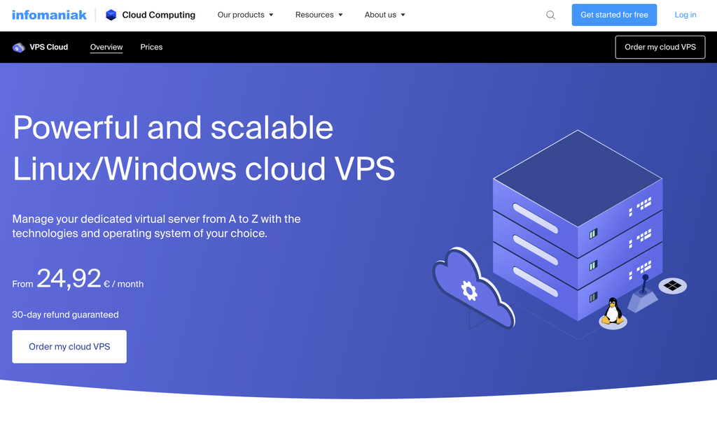 Infomaniak-VPS-Cloud-Seite mit skalierbaren Linux-/Windows-Servern ab 24,92 &euro; pro Monat und 30-t&auml;giger Geld-zur&uuml;ck-Garantie.