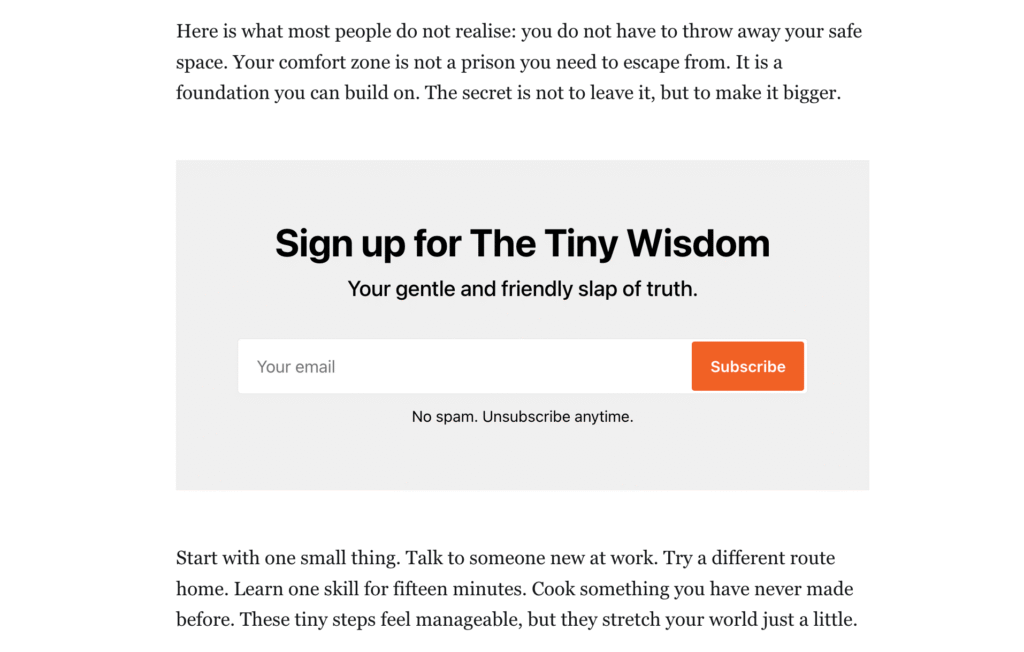 Das E-Mail-Anmeldeformular von Tiny Wisdom in einem Blogbeitrag