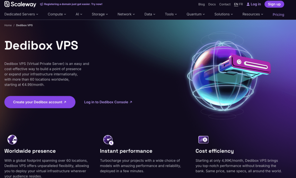Die Dedibox-VPS-Seite von Scaleway bewirbt weltweit verf&uuml;gbare virtuelle private Server mit Merkmalen wie globaler Pr&auml;senz, hoher Leistung und Kosteneffizienz.