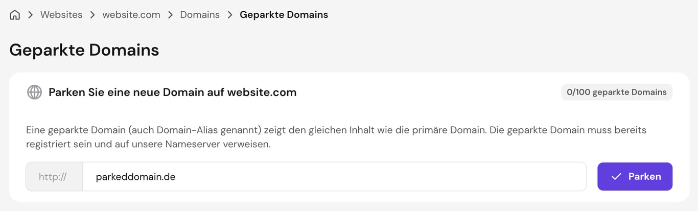 Domain-Parking-Funktion im hPanel-Dashboard von Hostinger
