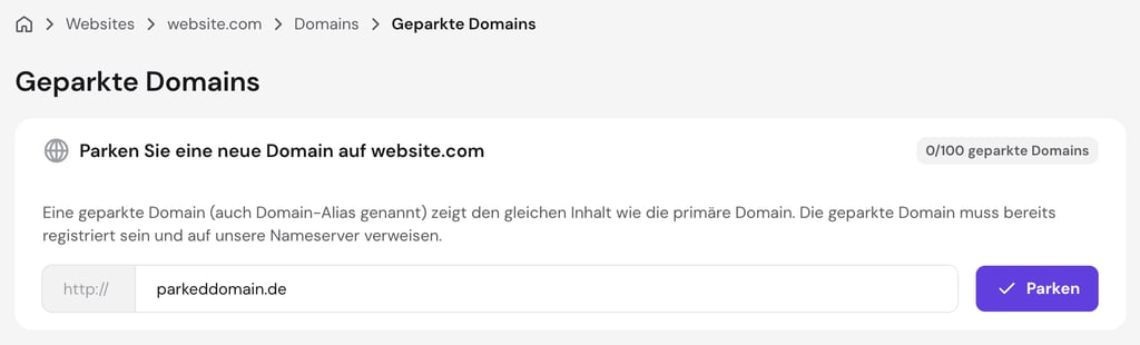 Domain-Parking-Funktion im hPanel-Dashboard von Hostinger