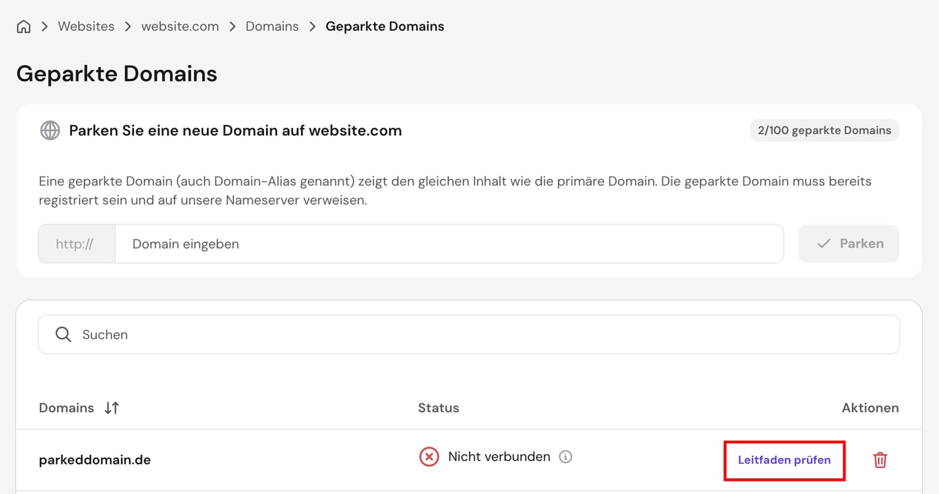 Bereich „Parked Domains“ im hPanel-Dashboard von Hostinger, in dem die Schaltfläche hervorgehoben ist, über die Sie die Anleitung zum Abschließen des Domain-Parkings aufrufen können