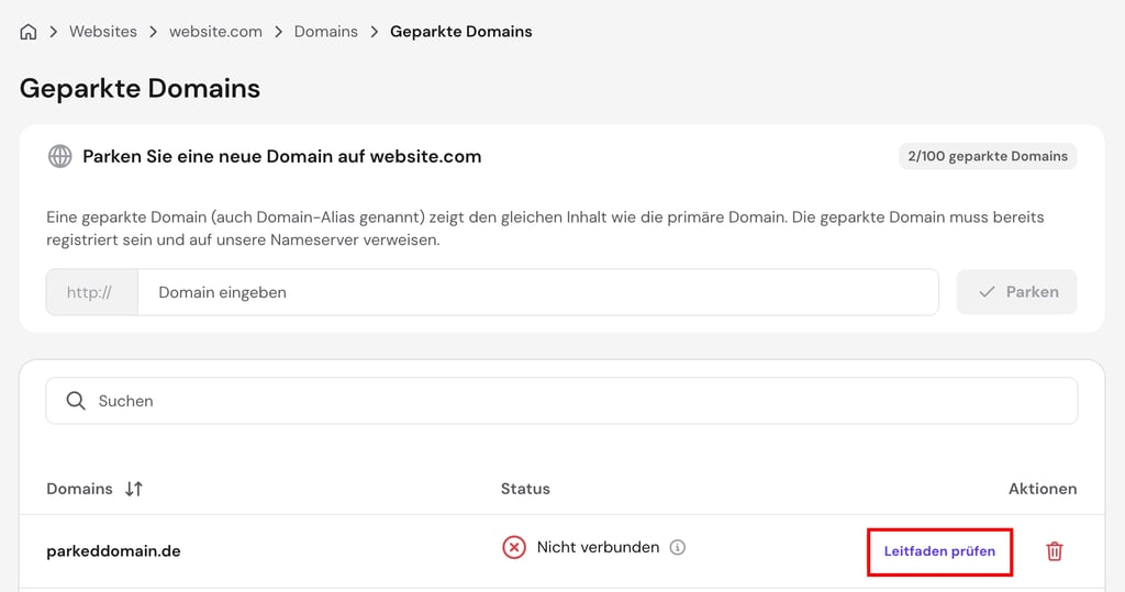 Bereich „Parked Domains“ im hPanel-Dashboard von Hostinger, in dem die Schaltfläche hervorgehoben ist, über die Sie die Anleitung zum Abschließen des Domain-Parkings aufrufen können