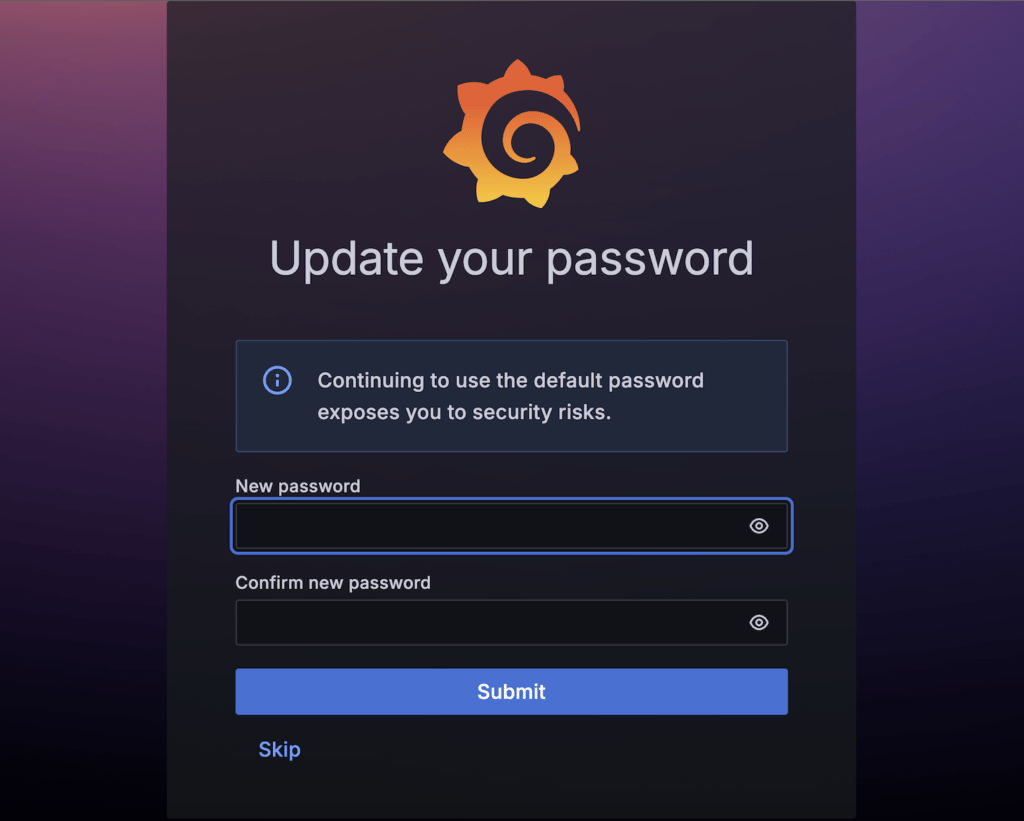 Dialog zum Ändern des Grafana-Passworts