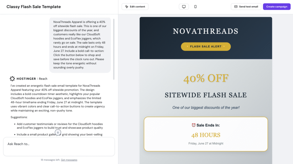 Die Oberfläche des KI-gestützten Newsletter-Builders von Hostinger Reach