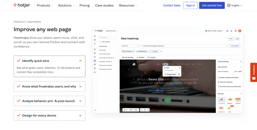 Landingpage der Hotjar-Heatmap