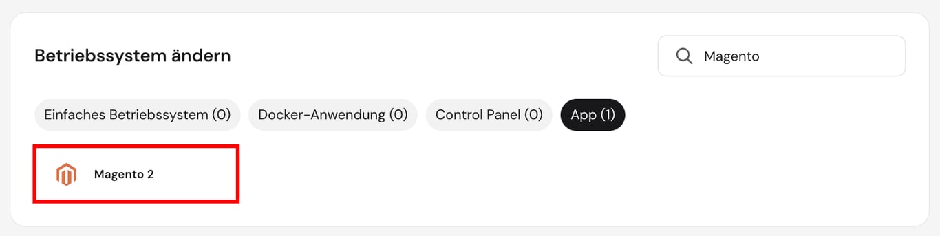 Die Magento-VPS-Vorlage auf der Seite zur Betriebssystemkonfiguration in hPanel
