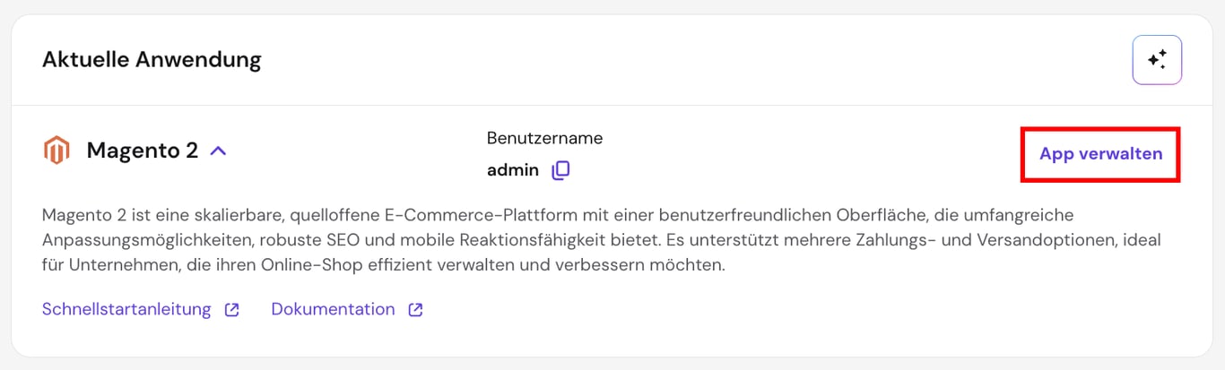 Die Schaltfläche für den Zugriff auf das Magento-Admin-Dashboard auf der Betriebssystem-Konfigurationsseite von hPanel