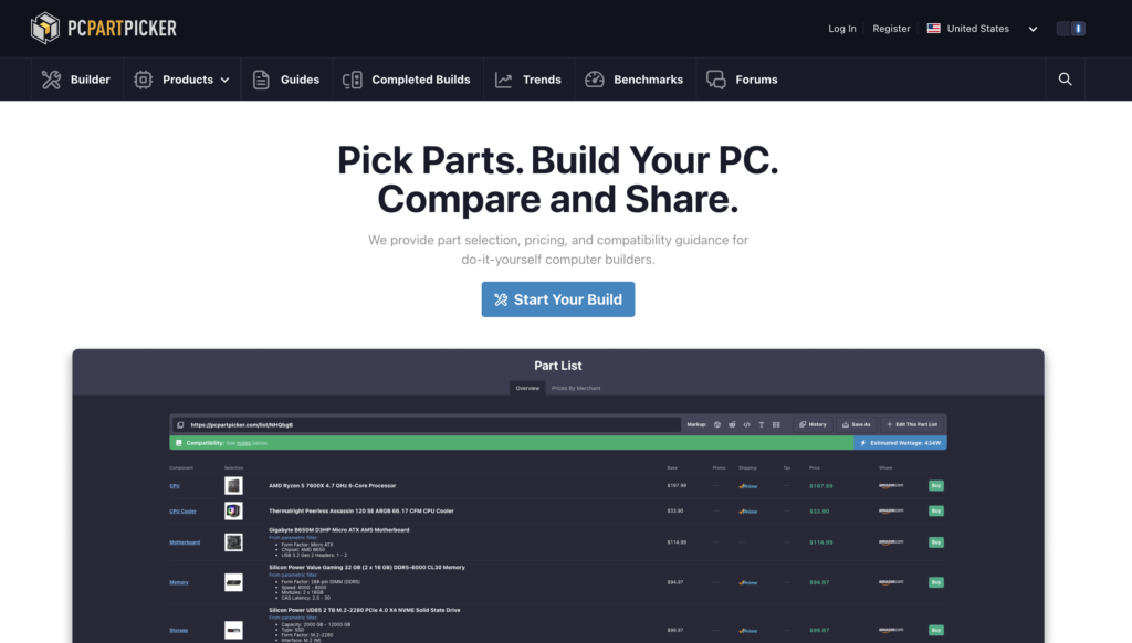 Die Startseite von PCPartPicker