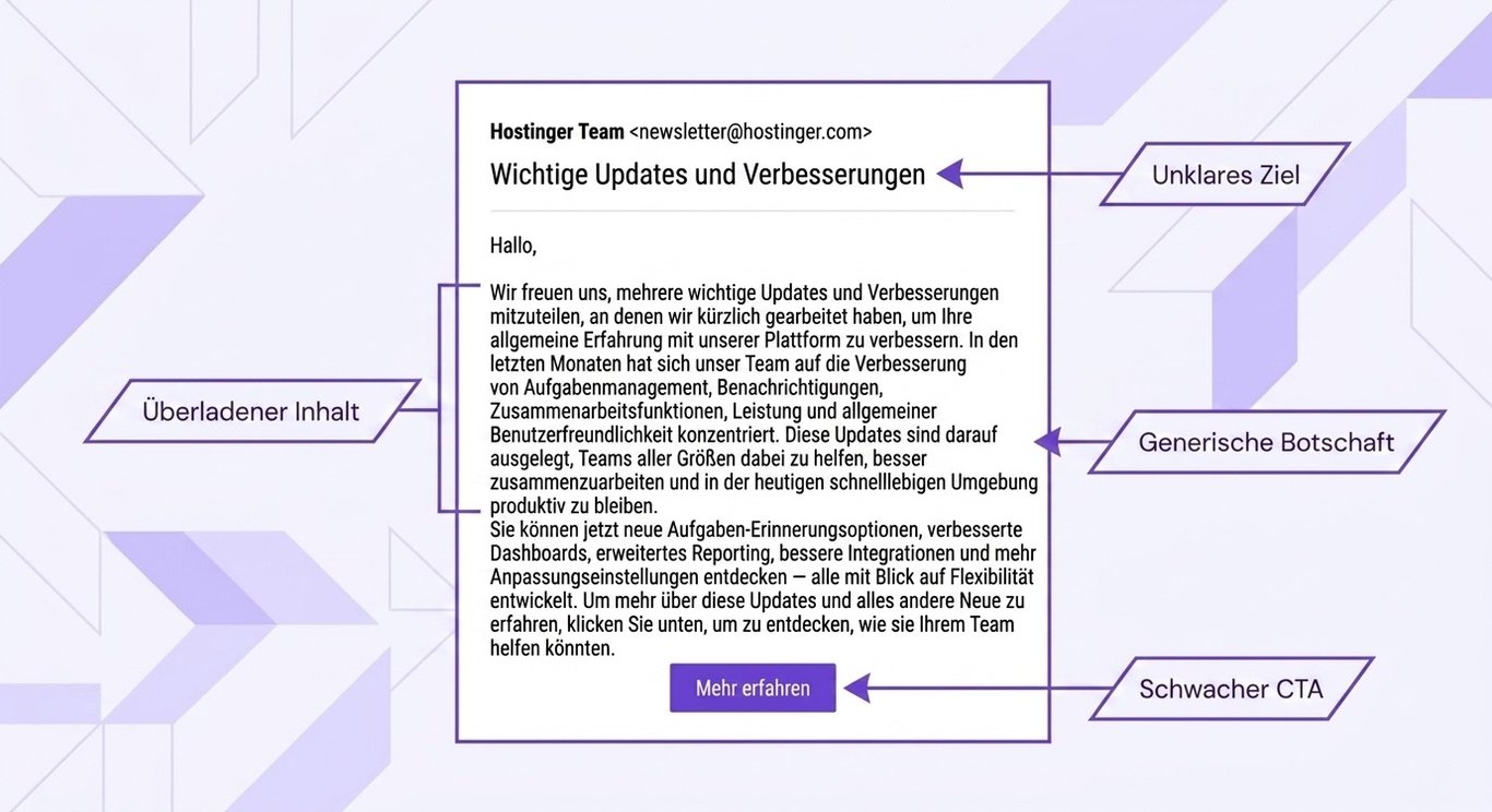 Beispiel f&uuml;r schlecht formulierten E-Mail-Text mit unklaren Zielen, &uuml;berladenem Inhalt, allgemeiner Botschaft und schwacher Handlungsaufforderung