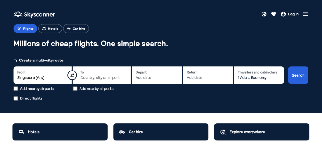 Die Startseite von Skyscanner